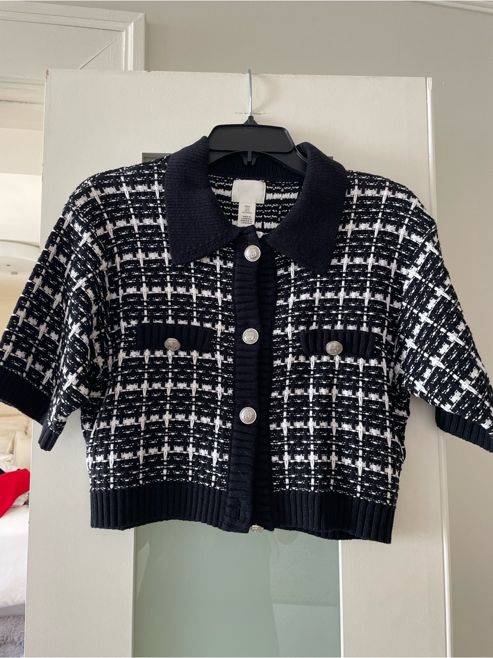 H&M Black and White Tweed Short-Sleeve Cardigan